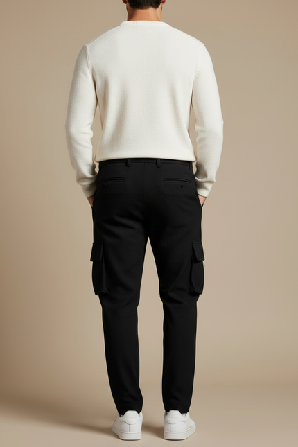 Pantalon Noir Cargo Homme Plissé Rayé Décontracté - Cordé - vue 2