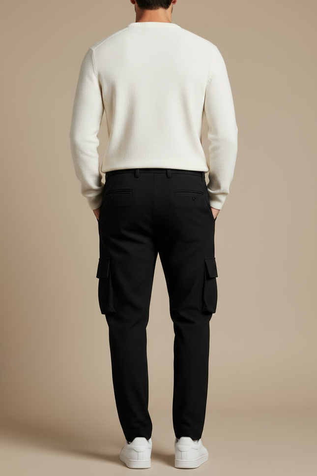 Pantalon Noir Cargo Homme Plissé Rayé Décontracté - Cordé - vue 2