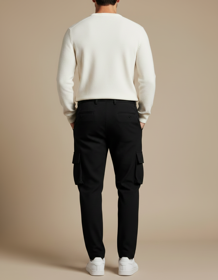 Pantalon Noir Cargo Homme Plissé Rayé Décontracté - Cordé - vue 2