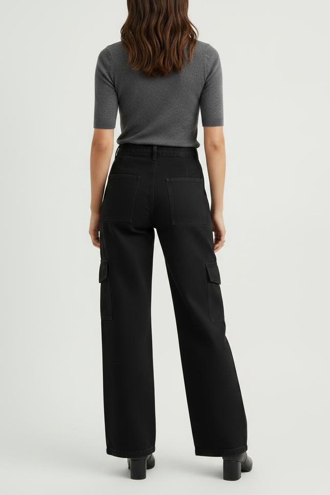 Pantalon Noir Cargo, Large, Taille Haute, Décontracté, Femme - Jean - vue 2
