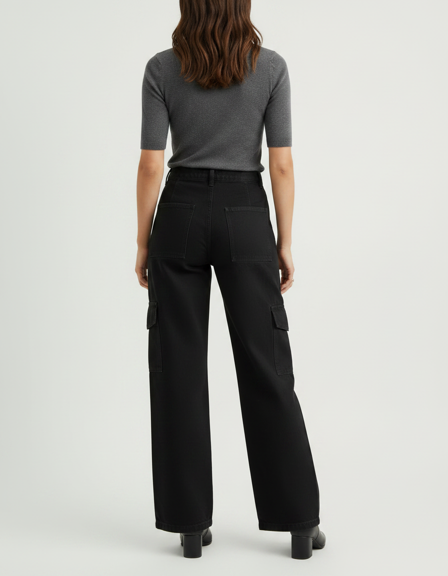 Pantalon Noir Cargo, Large, Taille Haute, Décontracté, Femme - Jean - vue 2