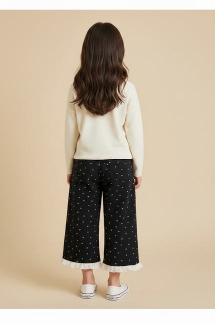 Pantalon Noir Ample Points Blancs Dentelle Fille - Coton - vue 2