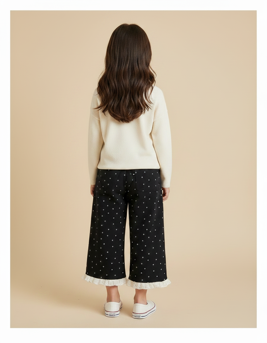 Pantalon Noir Ample Points Blancs Dentelle Fille - Coton - vue 2
