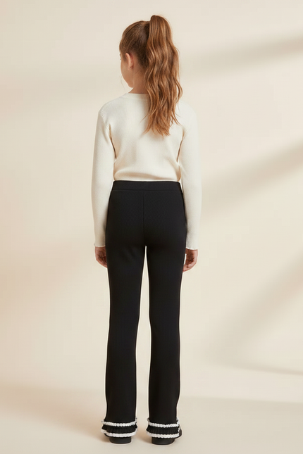 Pantalon Noir Côtelé Évasé Dentelle Enfant - Maille - vue 2