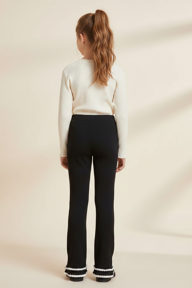 Pantalon Noir Côtelé Évasé Dentelle Enfant - Maille - vue 2
