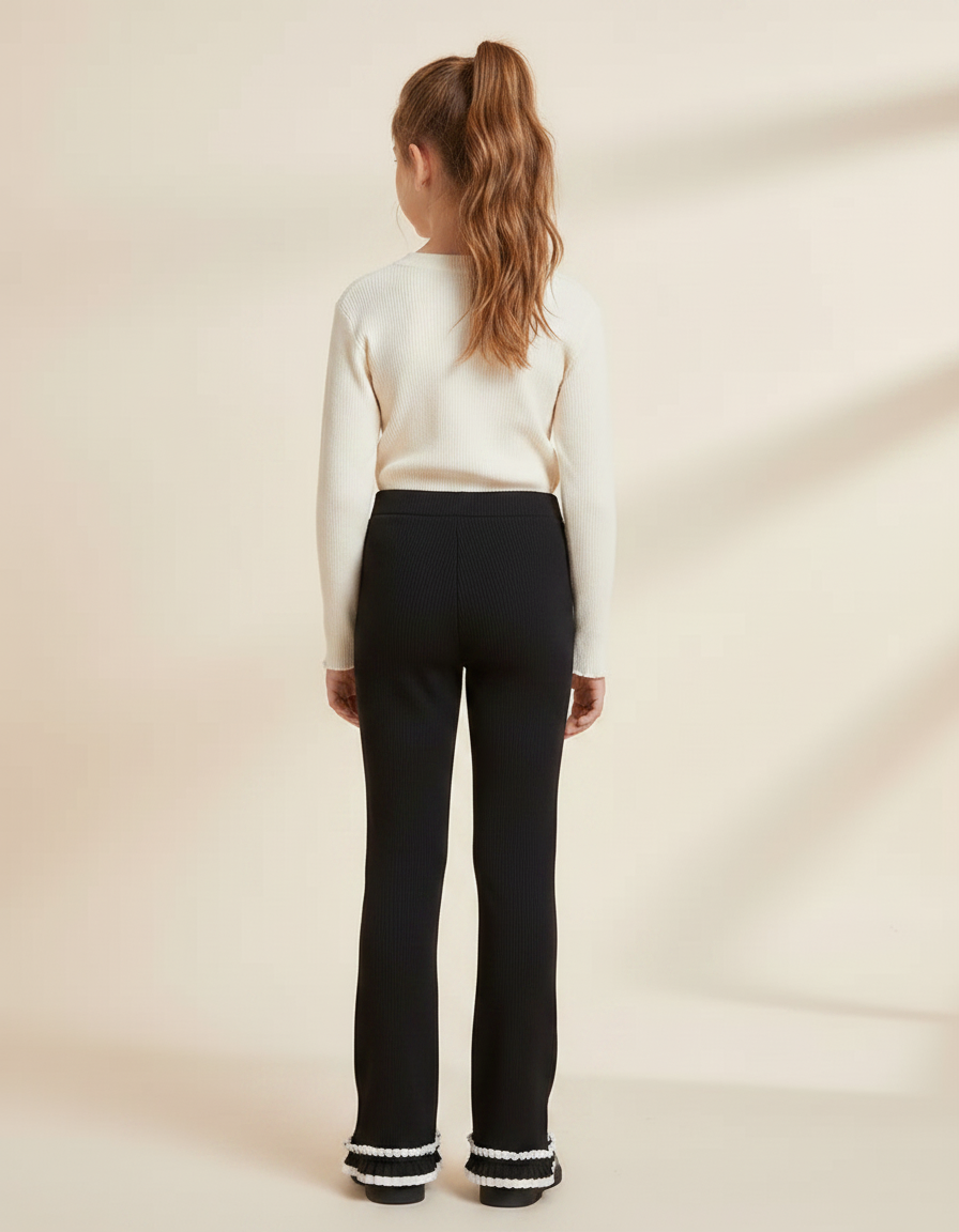 Pantalon Noir Côtelé Évasé Dentelle Enfant - Maille - vue 2