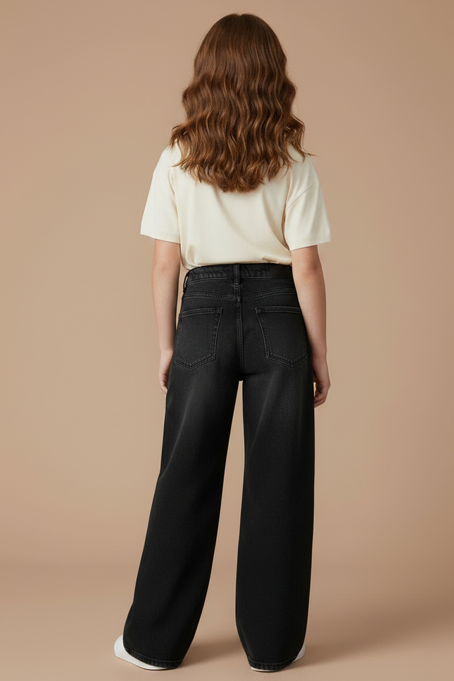 Pantalon Noir Denim Délavé Ample Taille Haute Fille - Jean - vue 2