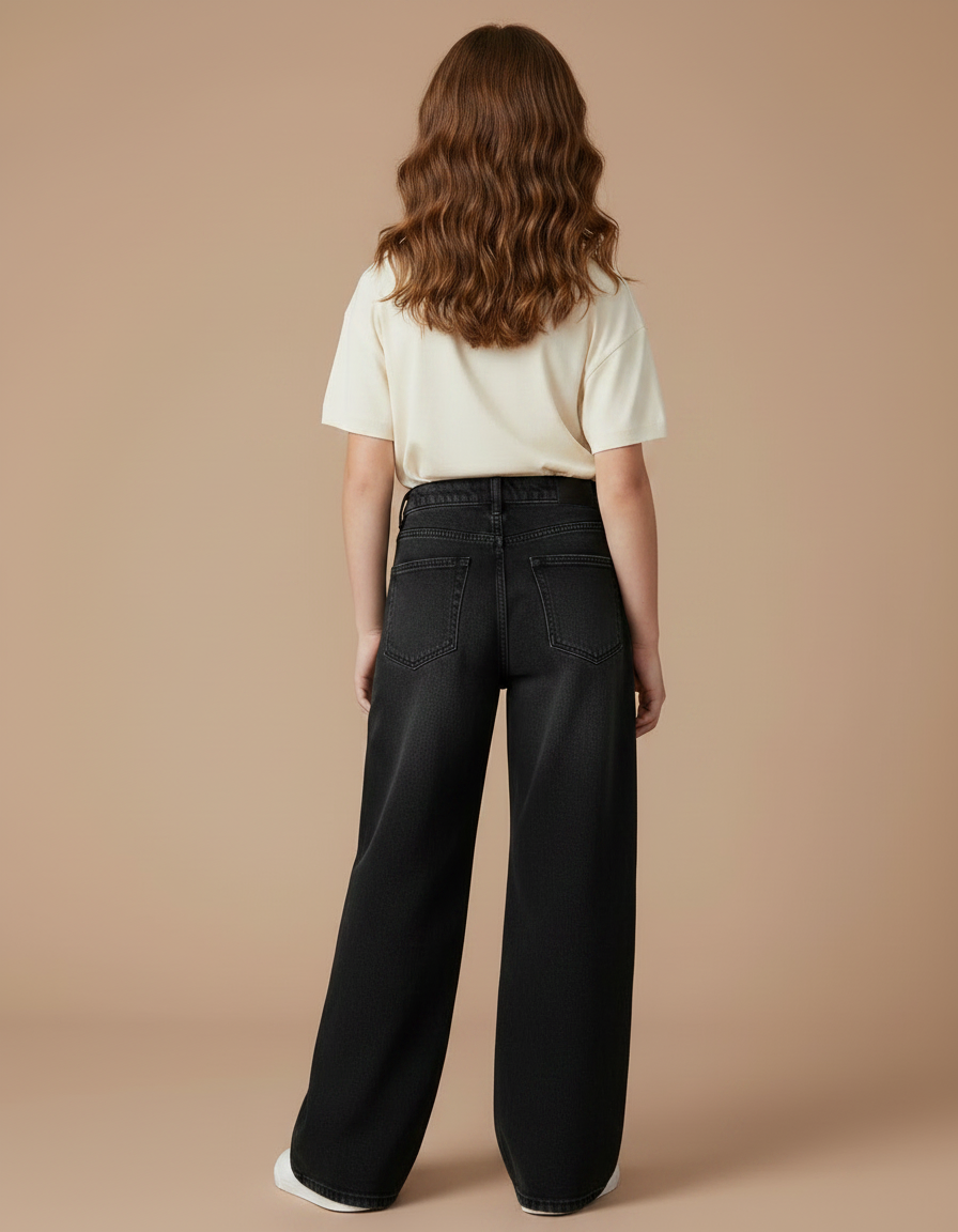 Pantalon Noir Denim Délavé Ample Taille Haute Fille - Jean - vue 2