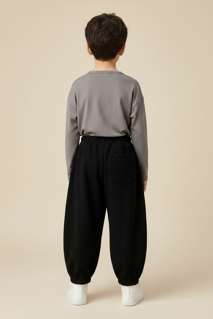 Pantalon Noir Ample Côtelé Élastique Hiver Enfant - Cordé - vue 2