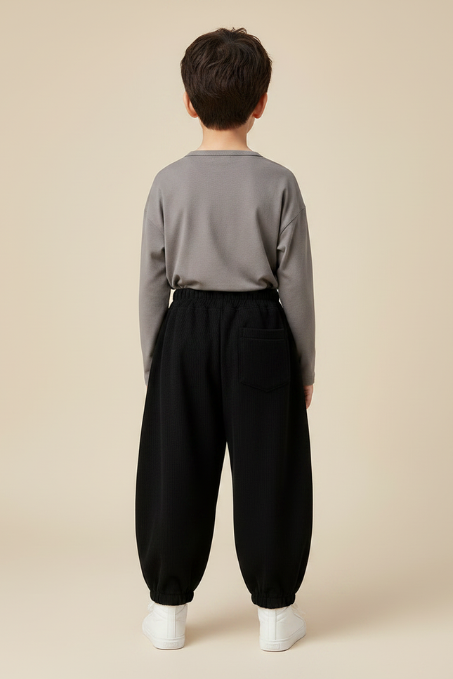 Pantalon Noir Ample Côtelé Élastique Hiver Enfant - Cordé - vue 2