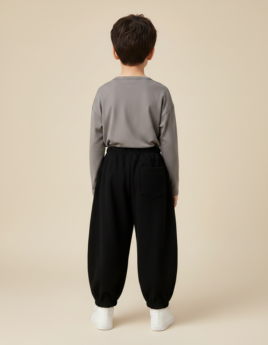 Pantalon Noir Ample Côtelé Élastique Hiver Enfant - Cordé - vue 2