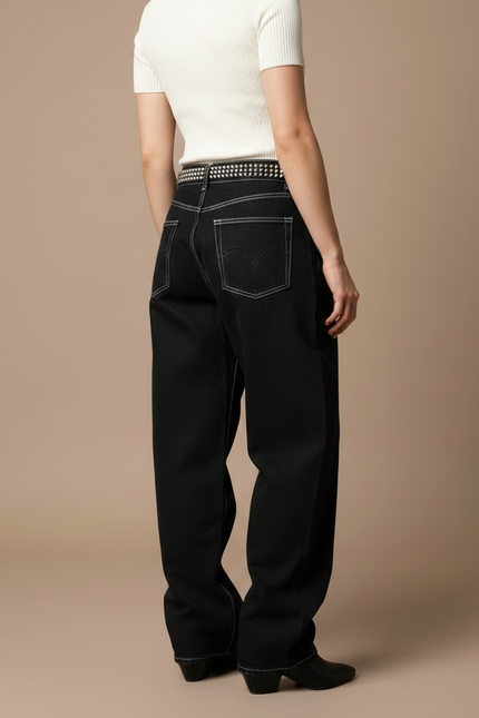 Pantalon Noir Jeans Ample Brodé Streetwear Femme - vue 2