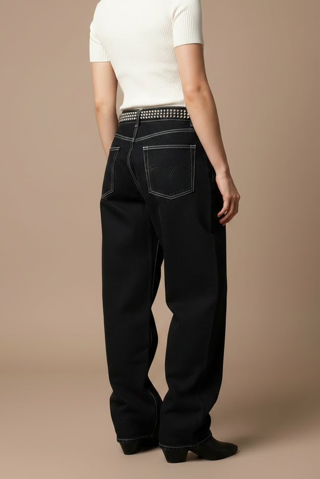 Pantalon Noir Jeans Ample Brodé Streetwear Femme - vue 2