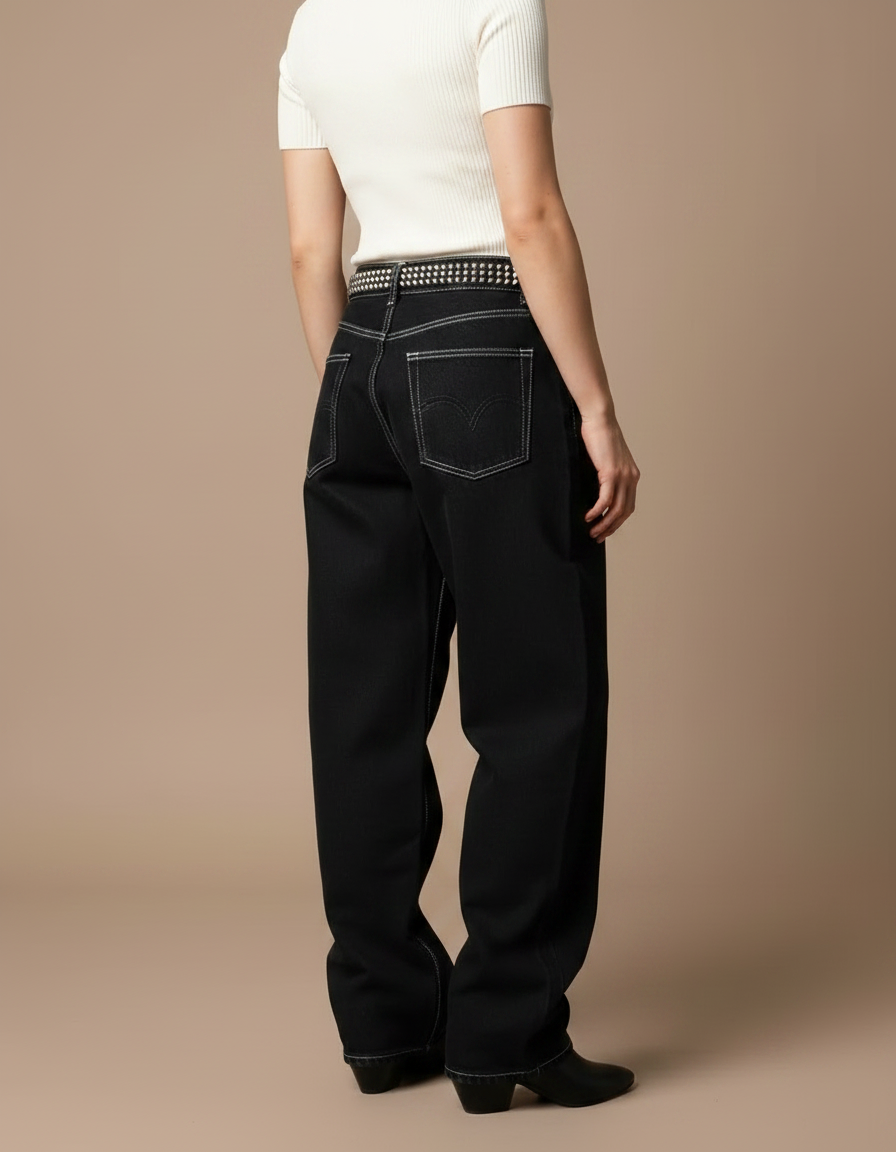 Pantalon Noir Jeans Ample Brodé Streetwear Femme - vue 2