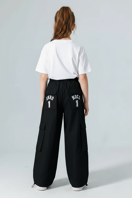 Pantalon Noir Cargo Ample Rayures Blanches Enfant - Polyester - vue 2
