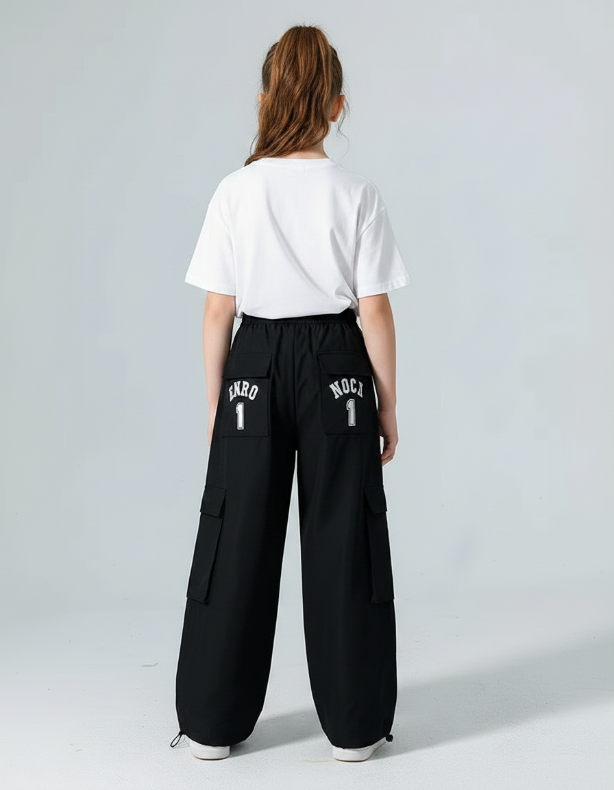 Pantalon Noir Cargo Ample Rayures Blanches Enfant - Polyester - vue 2