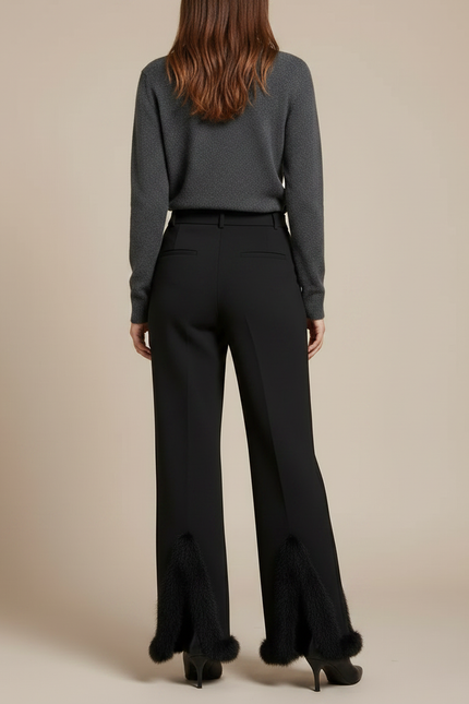 Pantalon Noir Fendu Évasé Fourrure Élégant Femme - Polyester - vue 2
