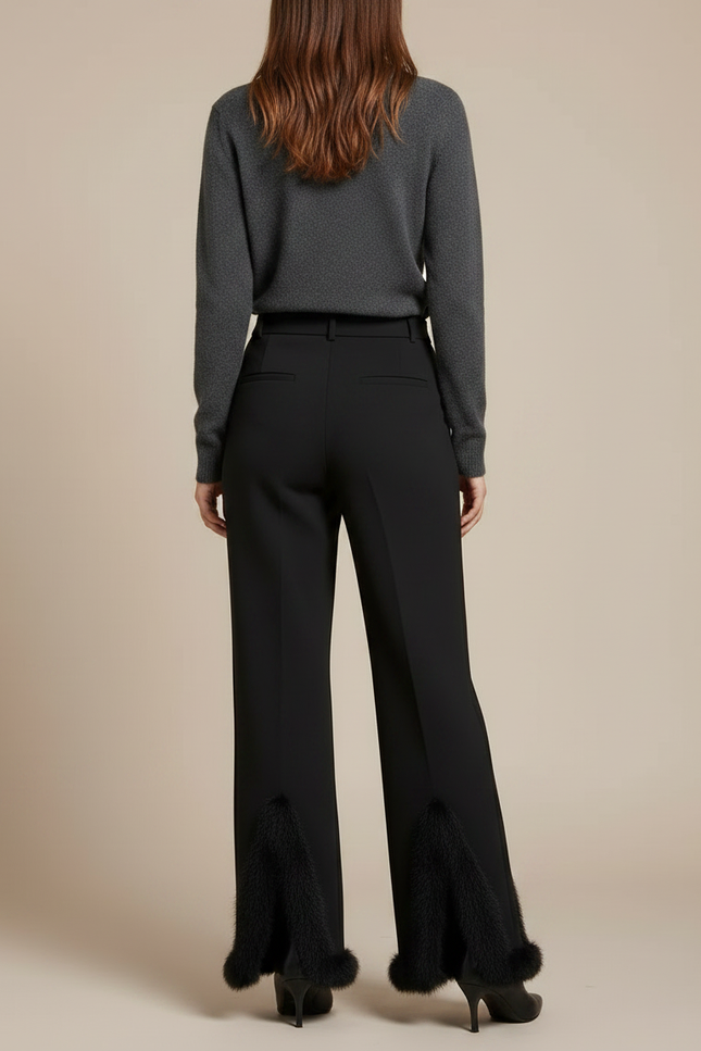 Pantalon Noir Fendu Évasé Fourrure Élégant Femme - Polyester - vue 2