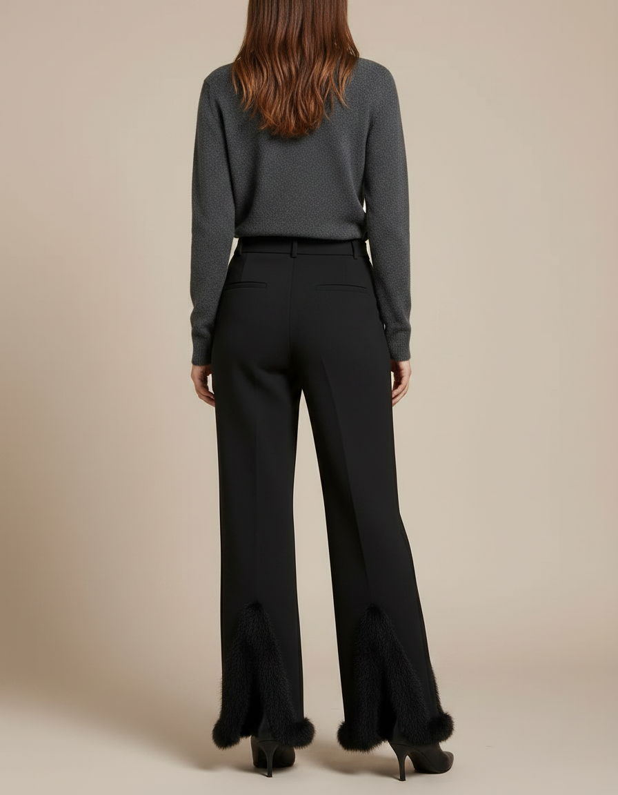 Pantalon Noir Fendu Évasé Fourrure Élégant Femme - Polyester - vue 2
