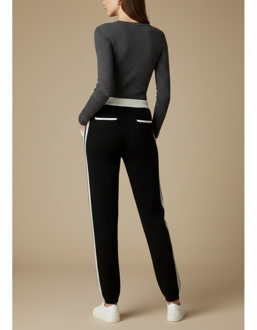 Pantalon Noir Tricoté Rayé Décontracté Confortable - Maille - vue 2