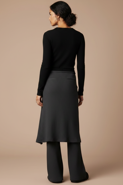 Pantalon Noir Côtelé Fendu Jupe-pantalon Élégant - Maille - vue 2