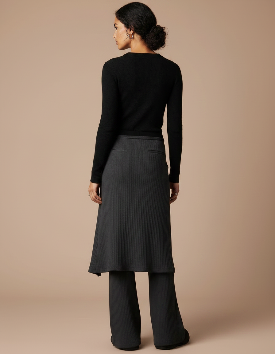 Pantalon Noir Côtelé Fendu Jupe-pantalon Élégant - Maille - vue 2