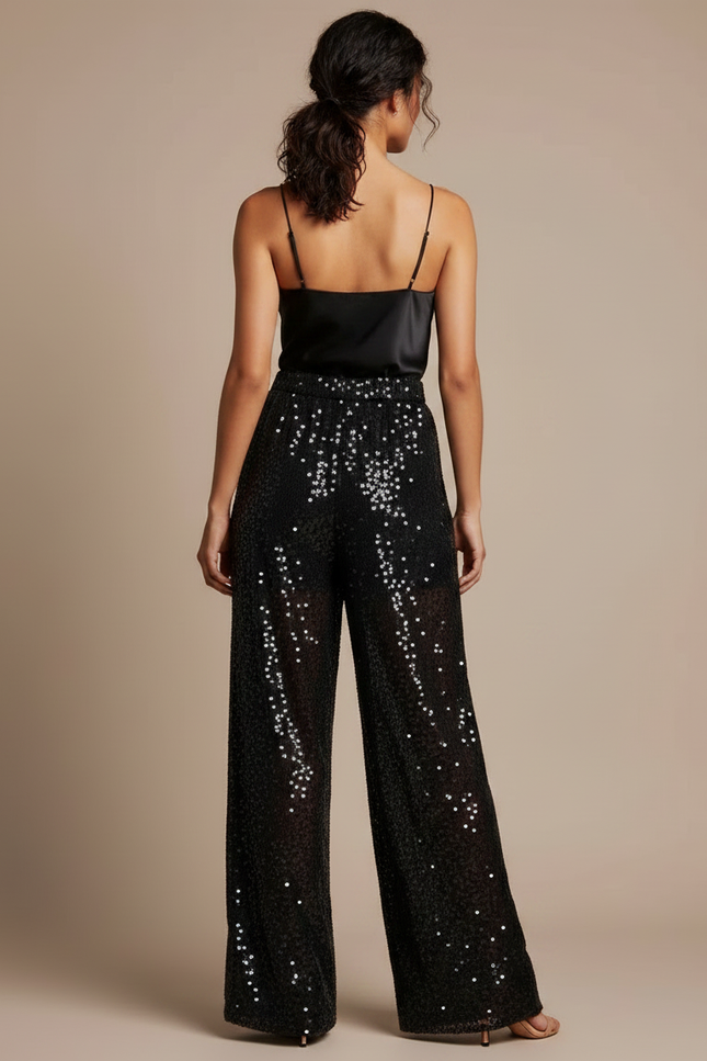 Pantalon Noir Paillettes Large Transparent Femme - Polyester - vue 2