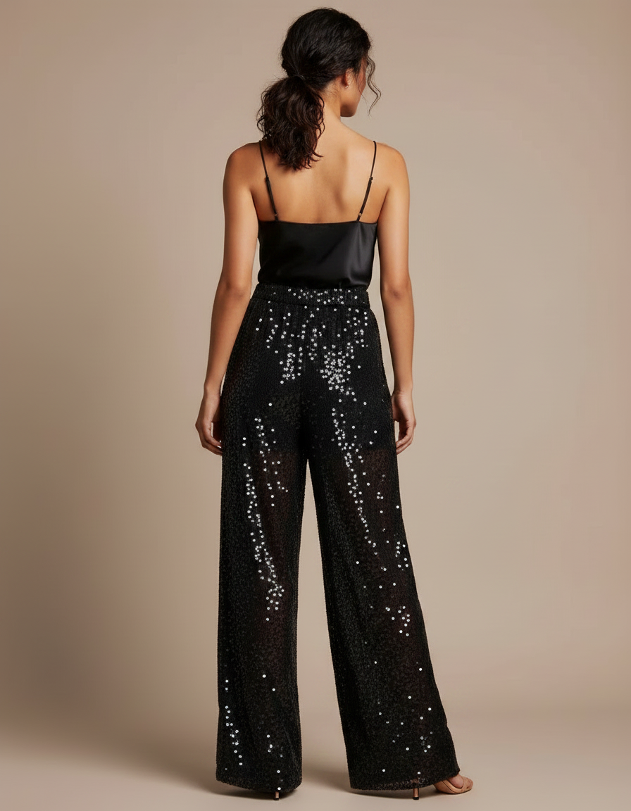 Pantalon Noir Paillettes Large Transparent Femme - Polyester - vue 2