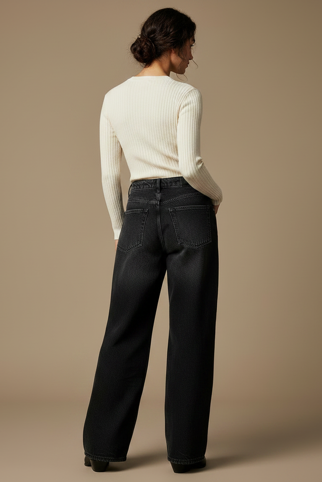 Pantalon Noir Ample Taille Haute Décontracté Femme - Jean - vue 2