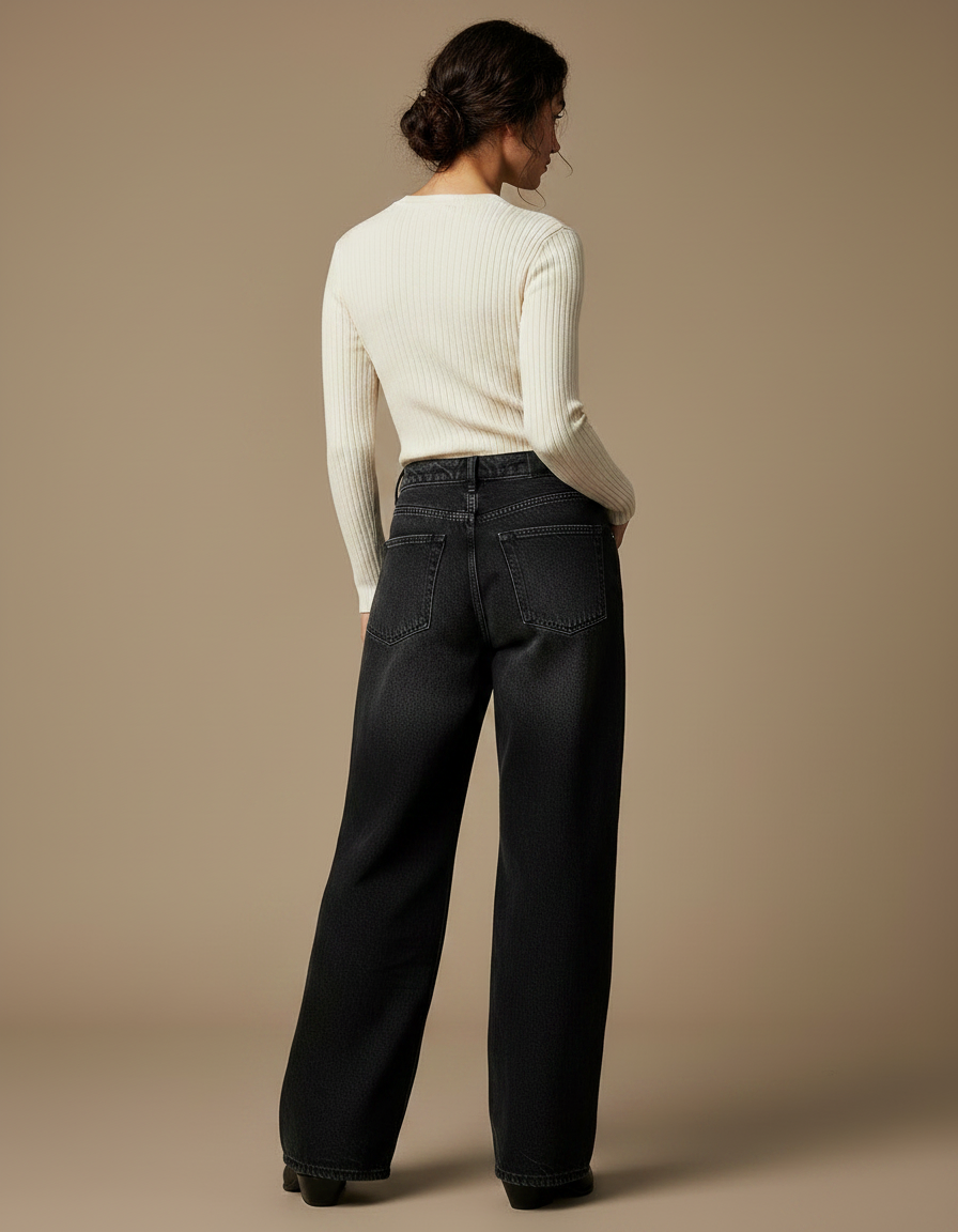 Pantalon Noir Ample Taille Haute Décontracté Femme - Jean - vue 2