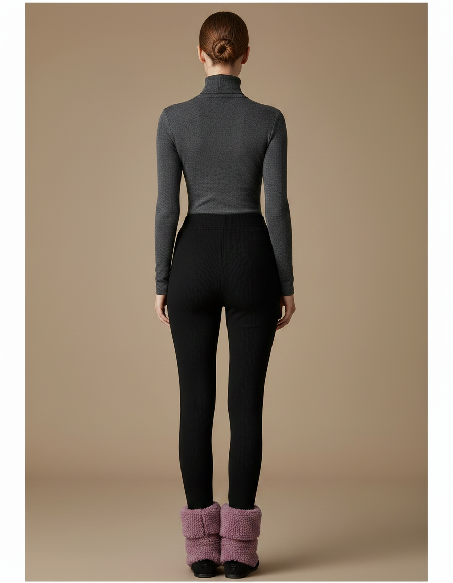 Pantalon Noir Côtelé Slim Doublé Chaud Femme - Maille - vue 2