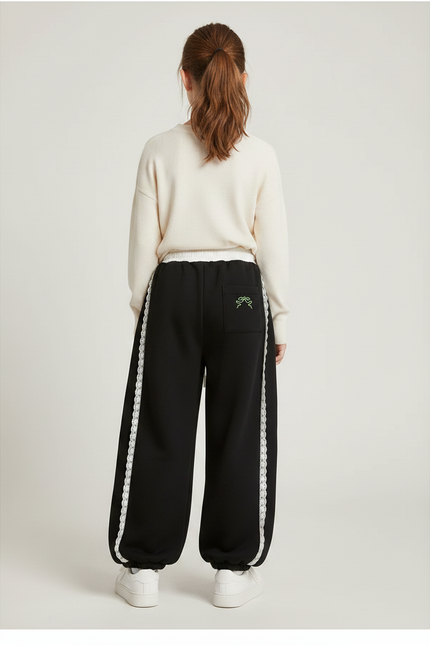 Pantalon Noir Ample Dentelle Blanche Décontracté Fille - Molleton - vue 2