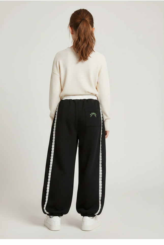 Pantalon Noir Ample Dentelle Blanche Décontracté Fille - Molleton - vue 2