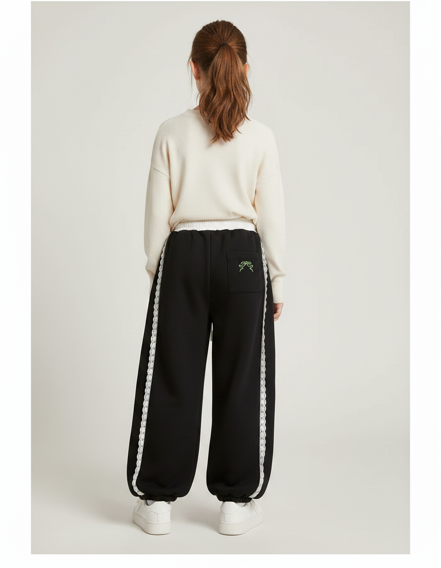 Pantalon Noir Ample Dentelle Blanche Décontracté Fille - Molleton - vue 2