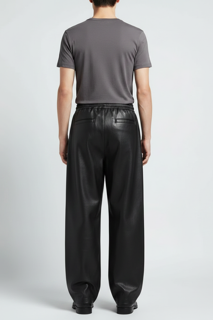 Pantalon Noir Cuir Ample Plissé Streetwear Homme - vue 2