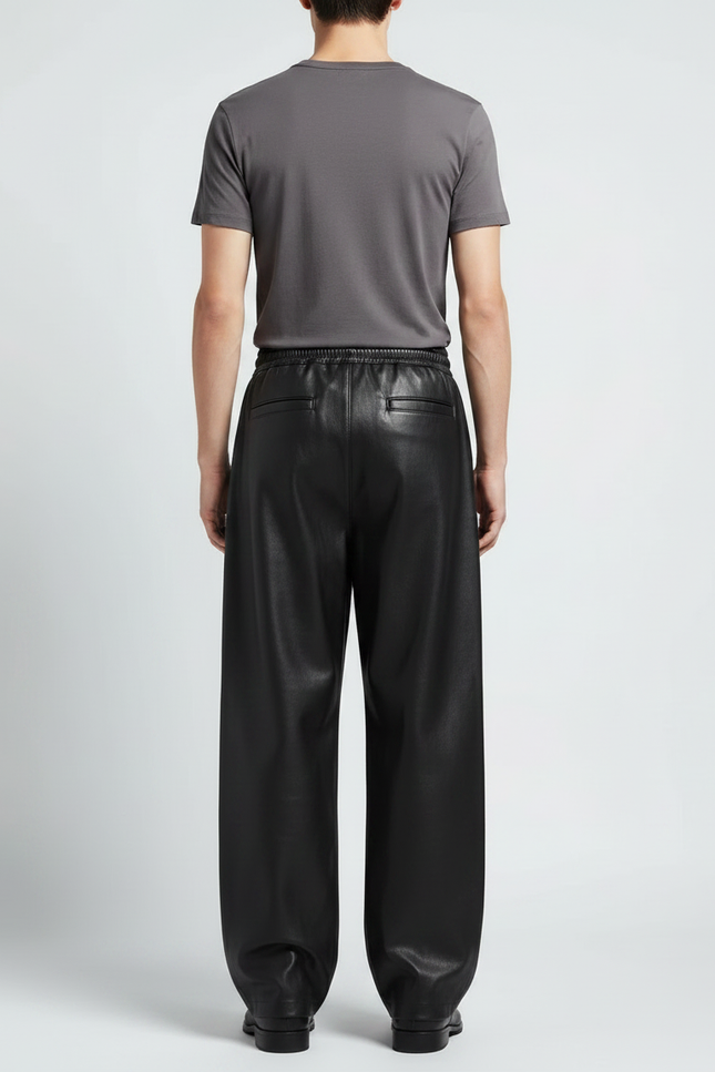 Pantalon Noir Cuir Ample Plissé Streetwear Homme - vue 2