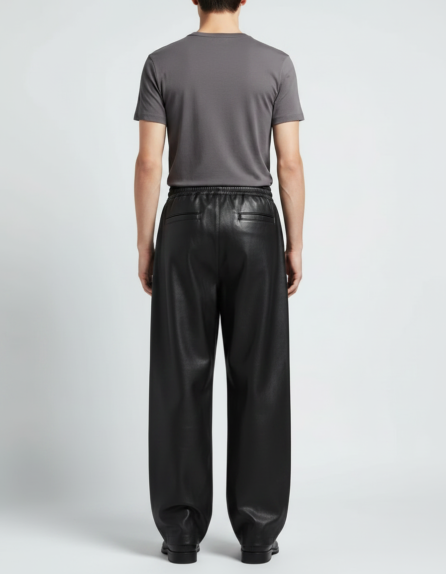Pantalon Noir Cuir Ample Plissé Streetwear Homme - vue 2