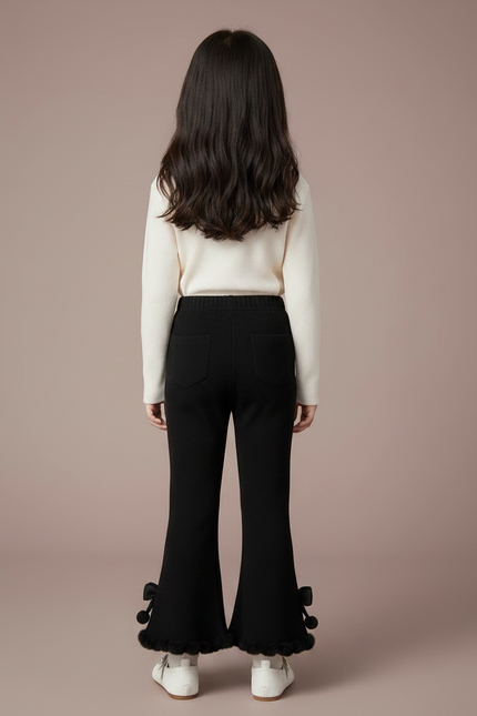 Pantalon Noir Évasé Fille Côtelé Pompons Dentelle - Maille - vue 2