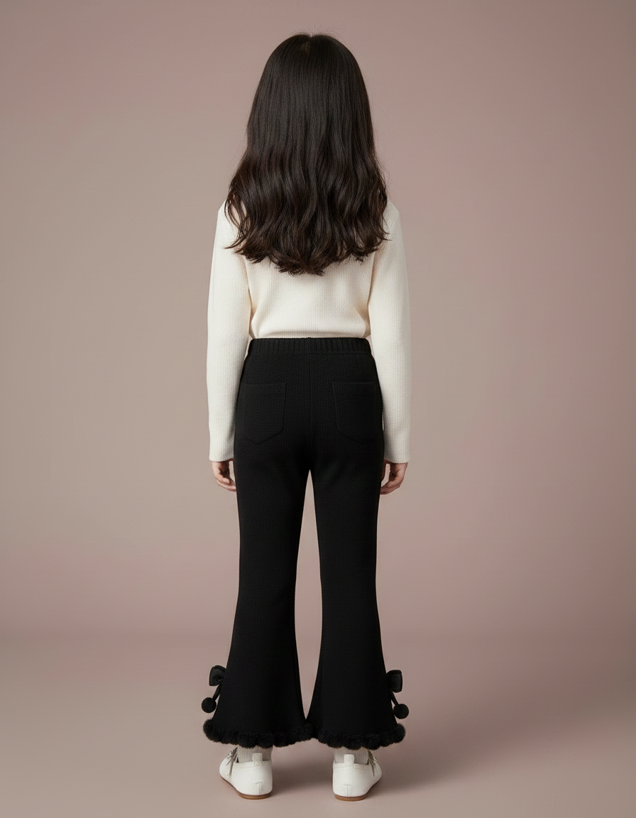 Pantalon Noir Évasé Fille Côtelé Pompons Dentelle - Maille - vue 2