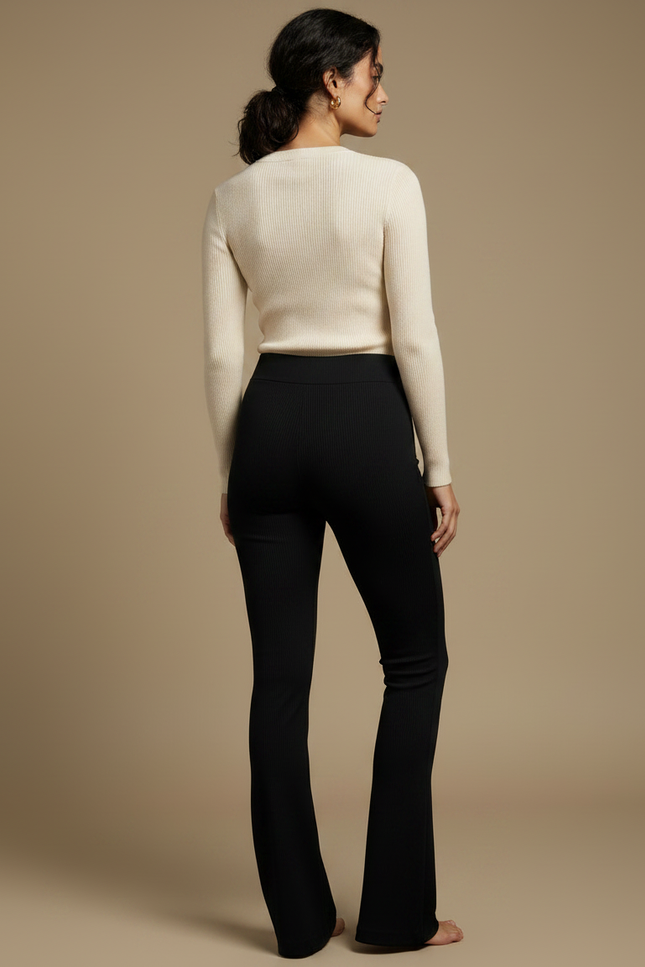 Pantalon Noir Côtelé Évasé Ajusté Extensible Femme - Maille - vue 2