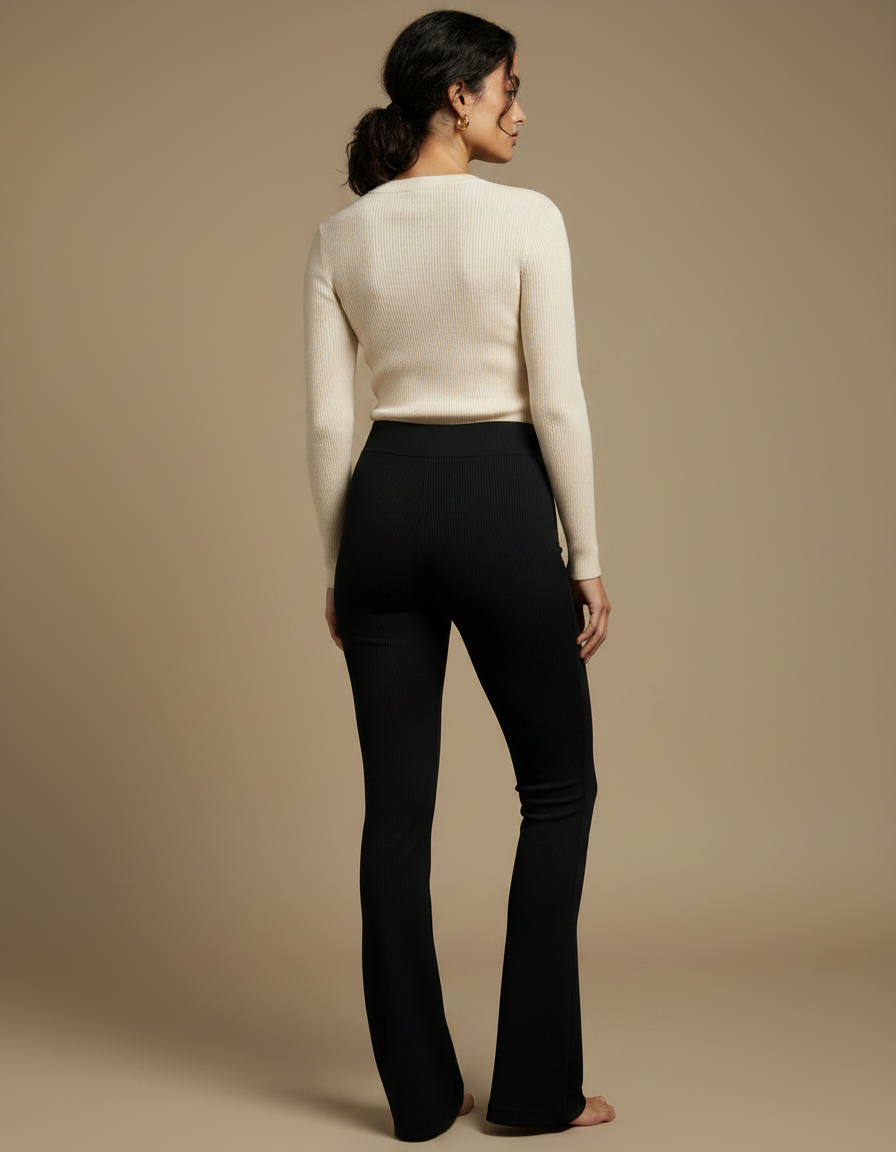 Pantalon Noir Côtelé Évasé Ajusté Extensible Femme - Maille - vue 2