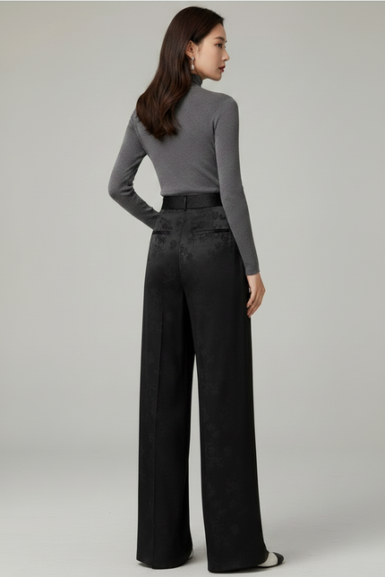 Pantalon Fluide Noir A Fleur - Satin - vue 2