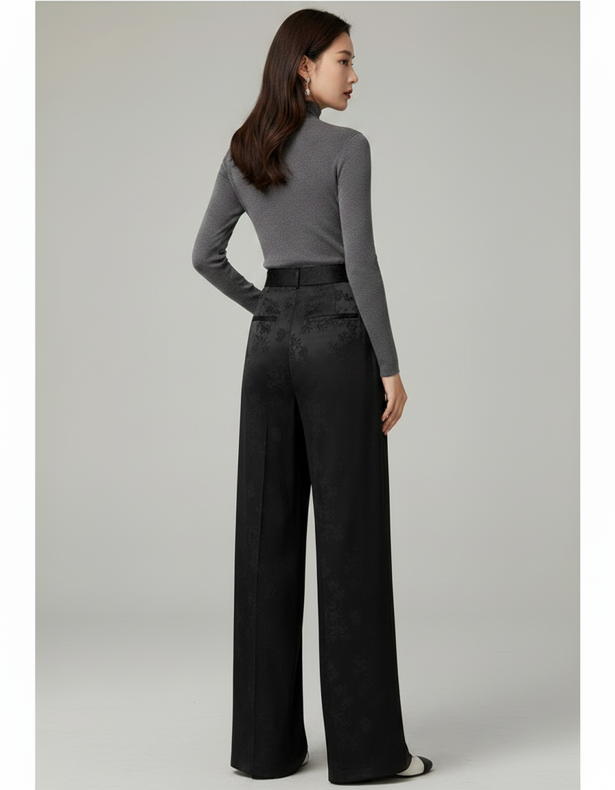 Pantalon Fluide Noir A Fleur - Satin - vue 2