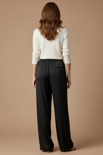 Pantalon Noir Fluide Satin Ample Cordon Élégant - vue 2