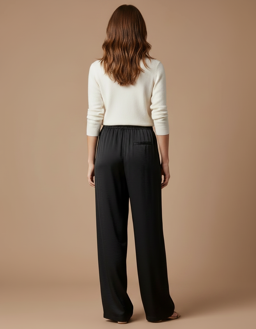 Pantalon Noir Fluide Satin Ample Cordon Élégant - vue 2