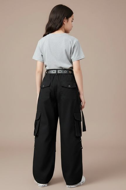 Pantalon Cargo Noir Avec Ceinture - Toile - vue 2