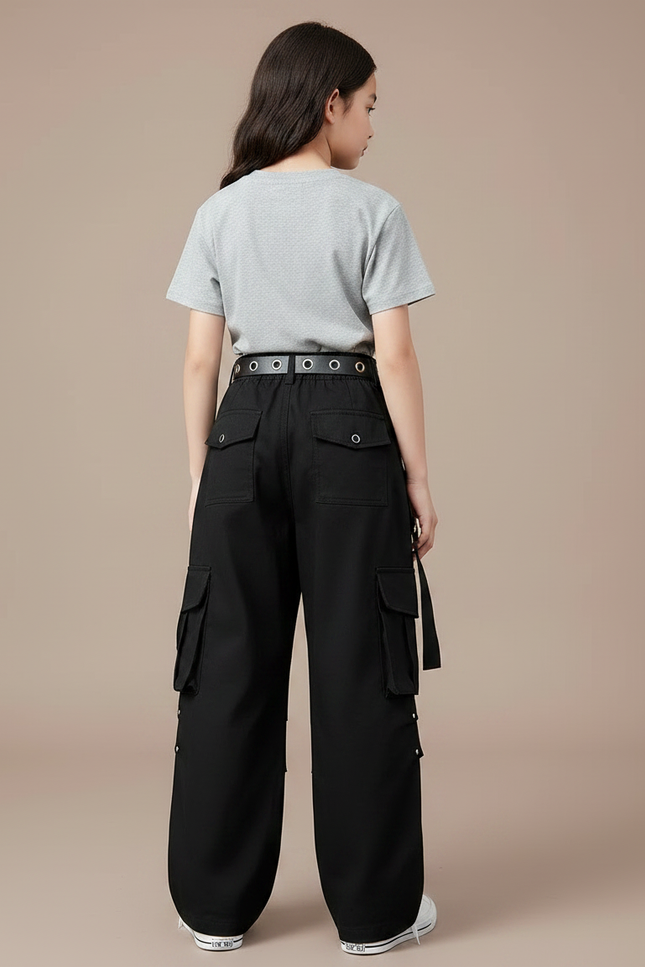 Pantalon Cargo Noir Avec Ceinture - Toile - vue 2
