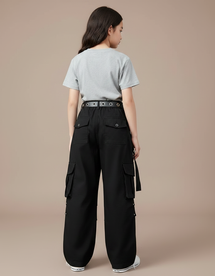 Pantalon Cargo Noir Avec Ceinture - Toile - vue 2