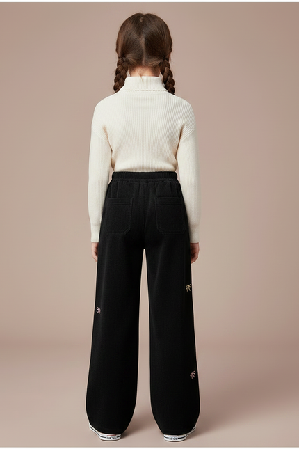 Pantalon Noir Côtelé Ample Brodé Nœuds Fille - Velours - vue 2