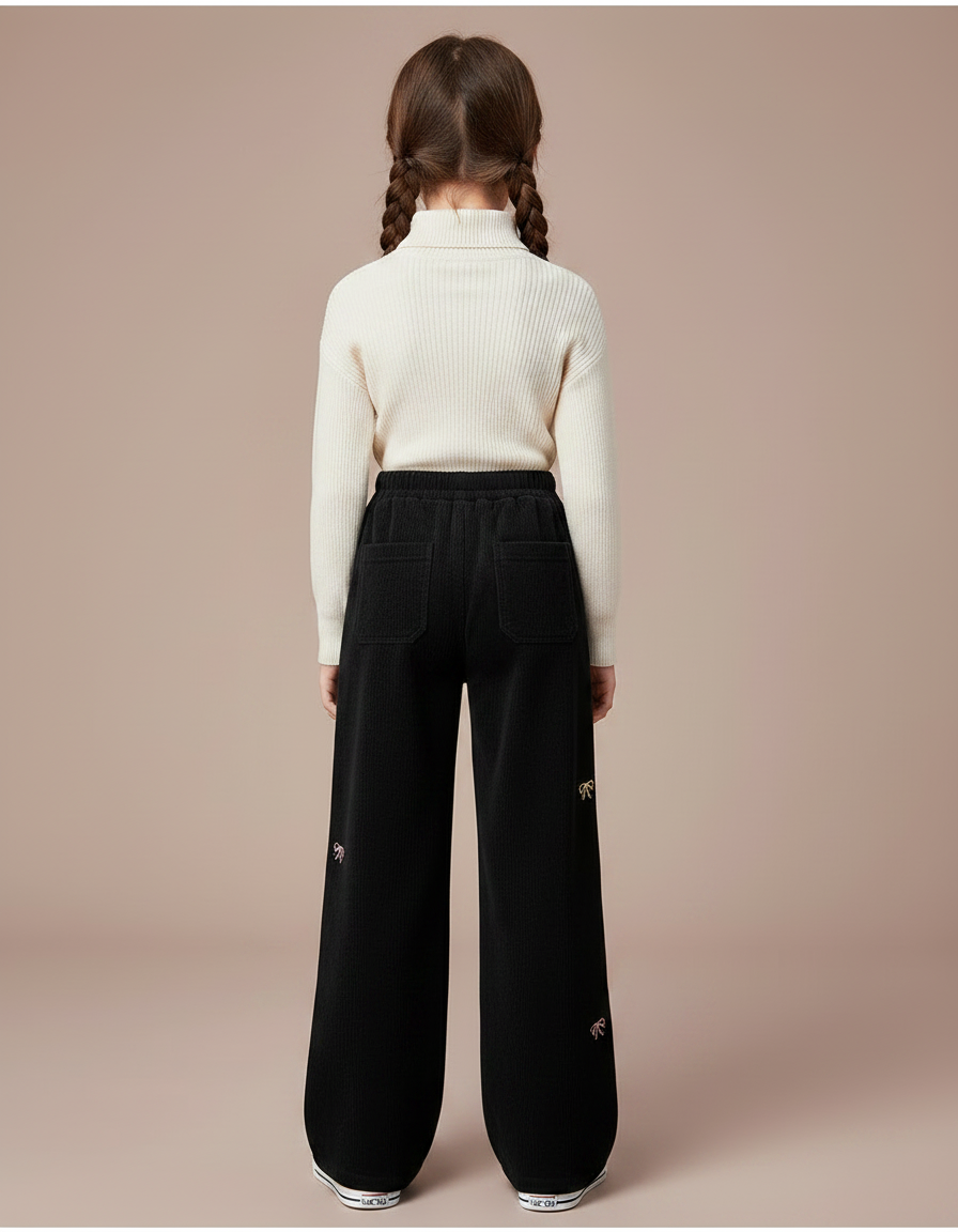 Pantalon Noir Côtelé Ample Brodé Nœuds Fille - Velours - vue 2